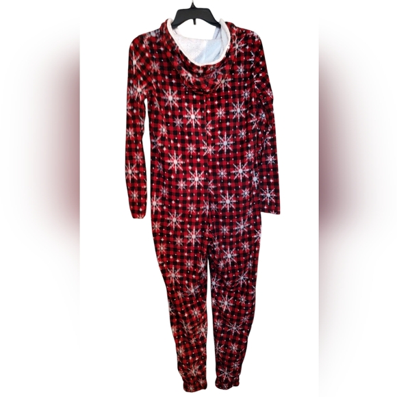 New Snowflake Red Buffalo Plaid Hooded Adult Winter Christmas Onesie PJs Small - Picture 7 of 10